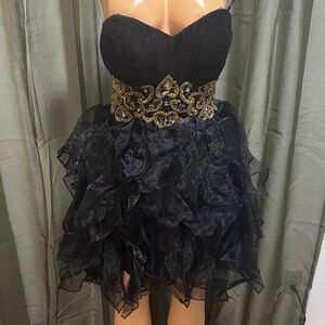 Elegant Black Strapless Dress with Gold Embellishments